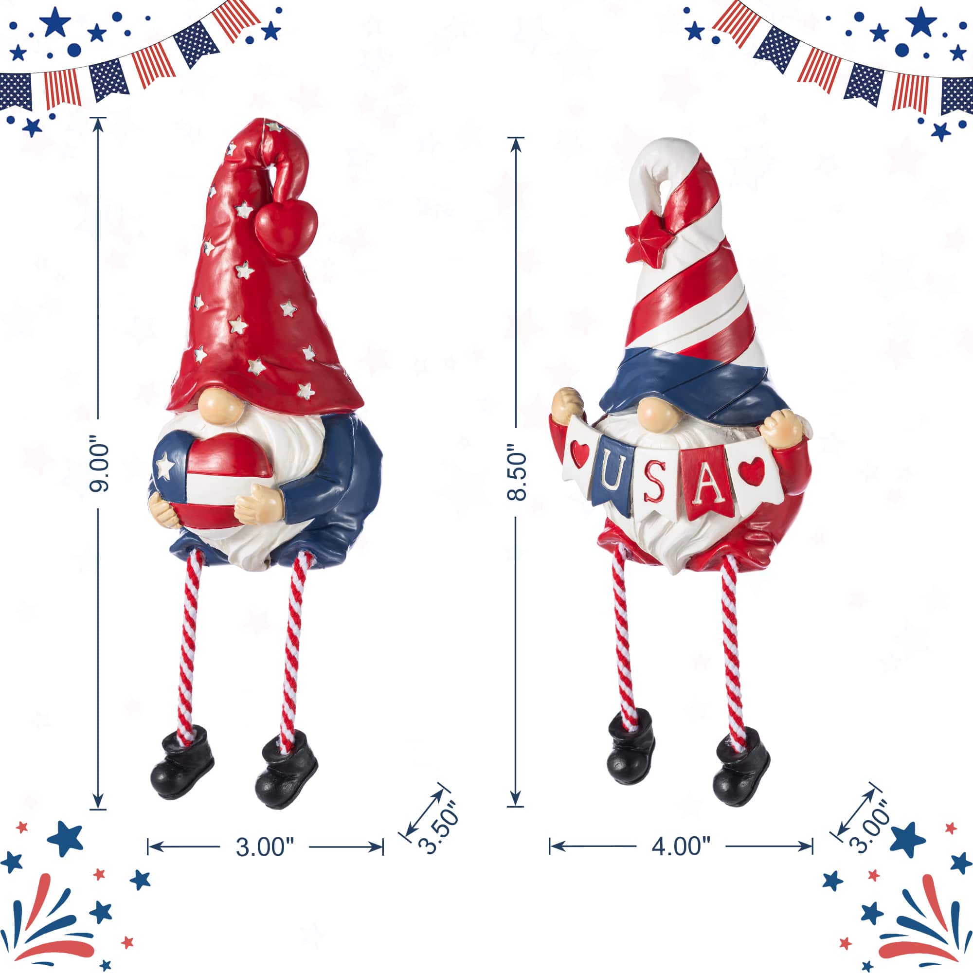 Glitzhome® Set of 2 Patriotic Americana Polyresin Gnomes with Dangling Legs Table Decor